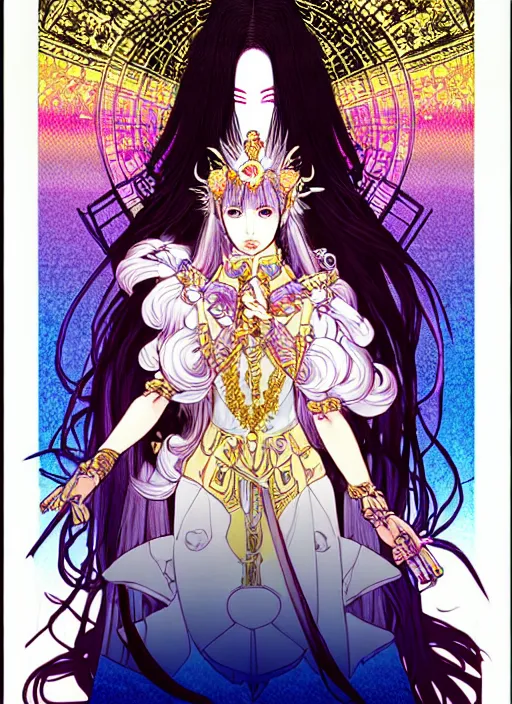 Prompt: highly detailed terada katsuya legend of the cryptids atrstation manga poster of princess mechine, anotherwanderer, rainbow gradient reflection, long hair, armor, dress, laces, ruffles, 8 k, maximalist, golden ratio, alphonse mucha