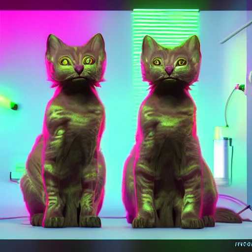 Image similar to fluorescent and iridescent, neon kittens cyperpunk 2 0 7 7, unreal engine 5, 8 k ultra realistic, hyperdetailed, volumetric lighting, extremely high quality