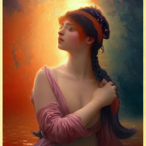 Image similar to a beautiful stunning interesting detailed fantasy whimsical matte digital portrait illustration of a mermaid with turqoise hair, yellow-orange and red-violet sunset, spectacular sunset, in the style of William Adolphe-Bouguereau and Marc Simonetti and Ross Tran, magic the gathering, trending on artstation hq, contest winner