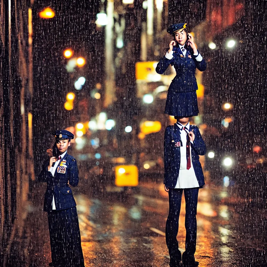 Image similar to night flash portrait photography of a high school girl in uniform on the lower east side by annie leibovitz, colorful, nighttime!, raining!