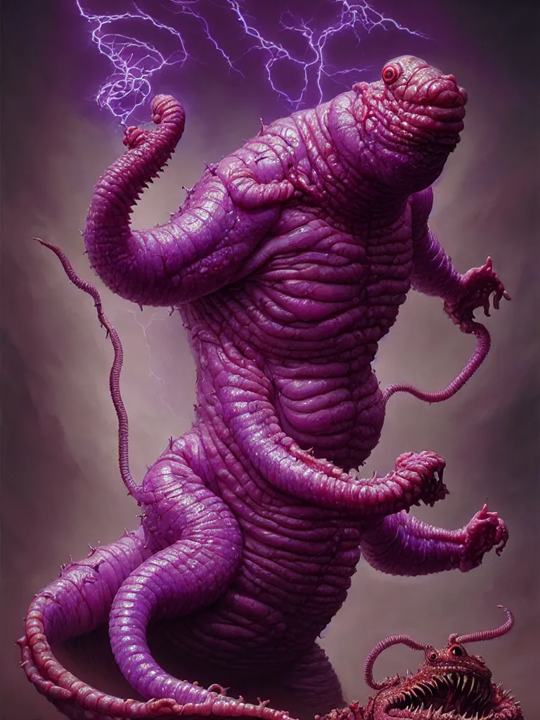 Image similar to hyperrealistic rendering, fat smooth cronenberg flesh monster d & d purple worm by donato giancola and greg rutkowski and wayne barlow and zdzisław beksinski, eyeballs, lightning, magic runes, product photography, action figure, sofubi, studio lighting, colored gels, colored background