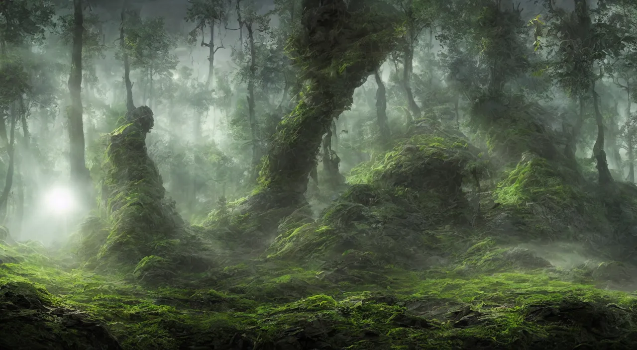 Image similar to photorealistic matte painting misty overgrowth undergrowth mr burns jagged rock features volumetric fog light rays high contrast dawn