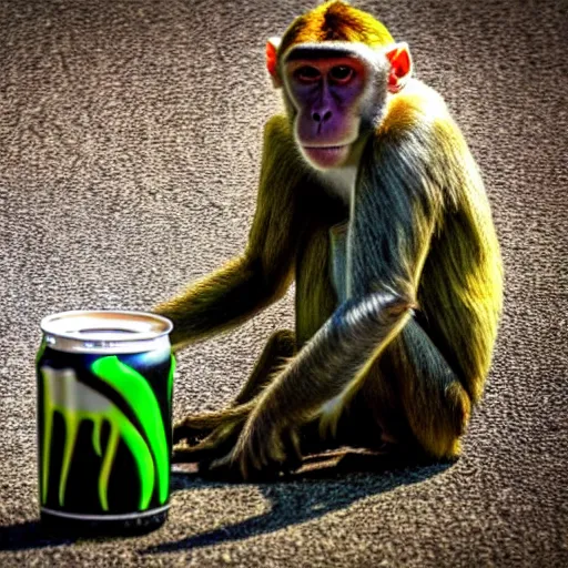 Image similar to monkey drinking monster energy, high quality photo