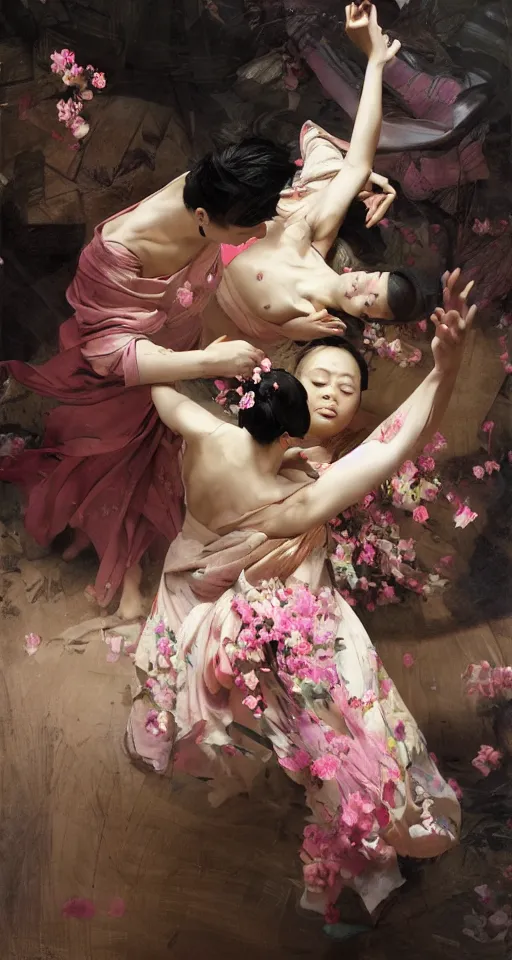 Prompt: top angle view, wide lens of multiple asian female draped in flowery dress, dancing with each other, beautiful concept painting by caravaggio, ruan jia, jakub rebelka, artgerm, greg rutkowski, edgar maxence