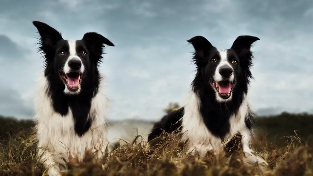 Image similar to Border Collie, splash art, movie still, cinematic lighting, dramatic, octane render, long lens, shallow depth of field, bokeh, anamorphic lens flare, 8k, hyper detailed, 35mm film grain