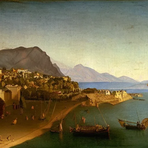 Prompt: oil painting of marbella city, beach in the foreground, mountains in the background, by leonardo da vinci