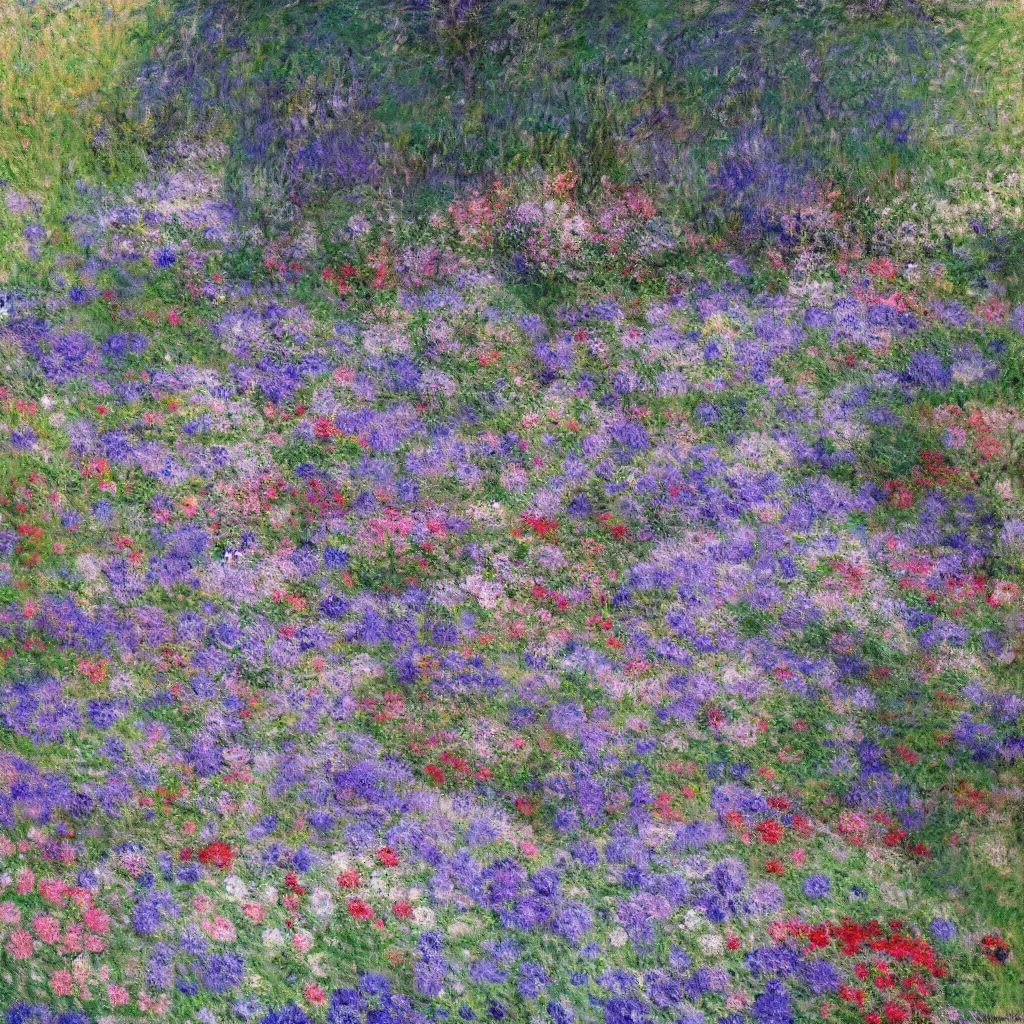Prompt: a gorgeous garden on the edge of a cliff filled with beautiful flowers of blue and violet and pink from all around the world, monet