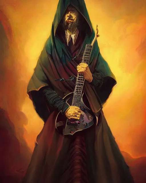 Image similar to colorful baroque portrait of a shadowy man wearing a hooded cloak, playing a guitar, gallery art by peter mohrbacher, artstation, artgate