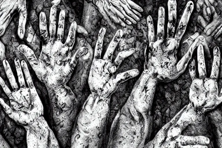 Prompt: dead hands with crooked fingers come out of the ground in a cemetery, dark night, full moon, graves, highly detailed digital art, photorealistic