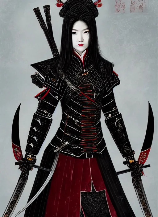 Prompt: full portrait of female vampire jinyiwei wearing black heavy armor and pointed helmet, stern, agile, elegant, imposing, jinyiwei, embroidered uniform guard, secret agent, detective, chinese armor, historical armor, pointed helmet, katana, nodachi, japanese sword, ming dynasty, detailed, realistic face, anatomically accurate, fantasy art.