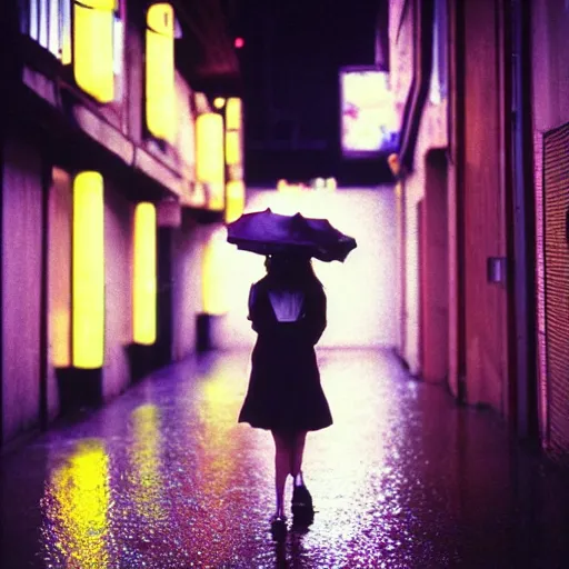 Image similar to 1990s perfect 8K HD professional cinematic photo of close-up japanese schoolgirl walking in dystopian alleyway with neon signs, at evening during rain, at instagram, Behance, Adobe Lightroom, with instagram filters, depth of field, taken with polaroid kodak portra