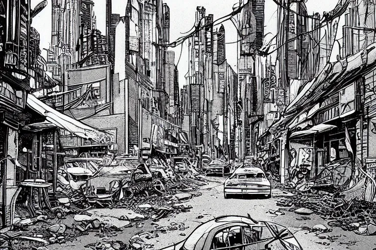 Image similar to Moebius artwork of a post apocalyptic city street