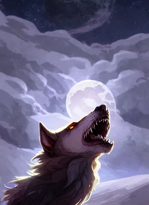 Image similar to Fenrir howling at the moon, Nordic landscape, fantasy magic, dark light night, sharp focus, digital painting, concept art, d&d, art by WLOP and Artgerm and Greg Rutkowski and Alphonse Mucha