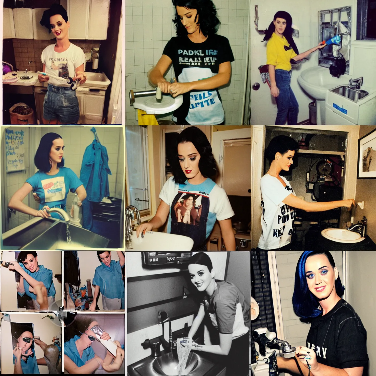 Prompt: katy perry fixing a leaking sink, wearing old shirt, using a wrench, polaroid photo