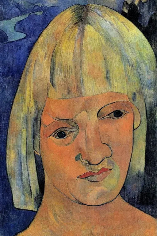 Image similar to blond hair woman with grey eyes and bob haircut drawn by paul gauguin