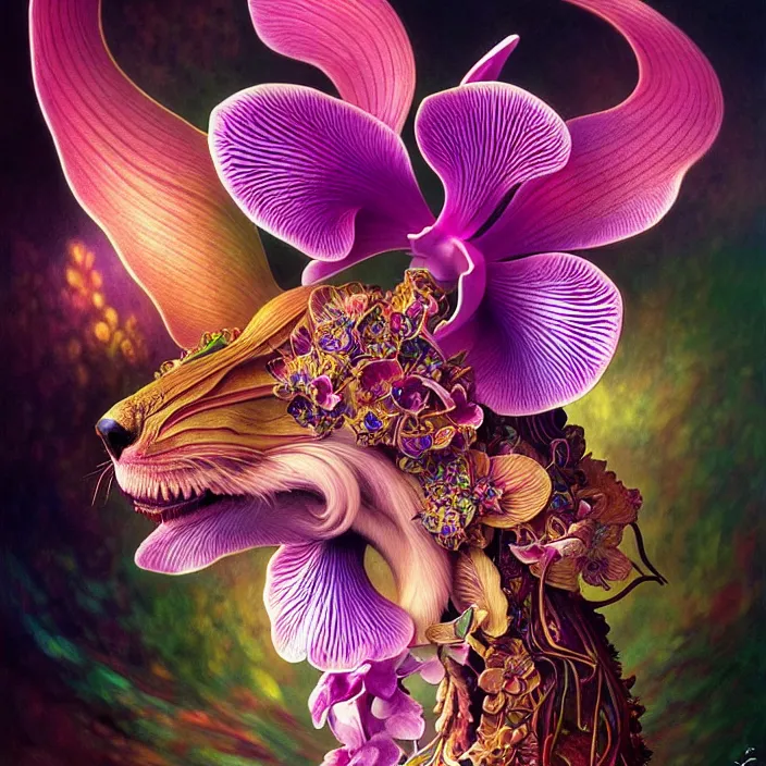 Image similar to psychedelic animal made of orchid, diffuse lighting, fantasy, intricate, elegant, highly detailed, lifelike, photorealistic, digital painting, artstation, illustration, concept art, smooth, sharp focus, art by John Collier and Albert Aublet and Krenz Cushart and Artem Demura and Alphonse Mucha
