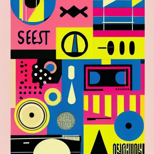 Prompt: beautiful cool graphic design setlist for pitchfork festival, illustration of instruments and stage bauhaus style shapes bright colors psychedelic stickers bold text design, set list of bands saturday and sunday