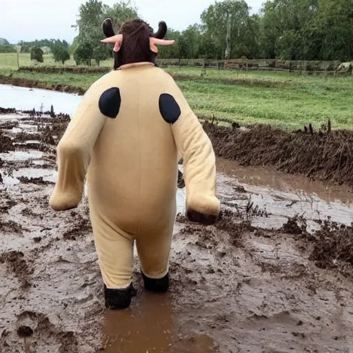 Image similar to a person in a cow costume, stuck in mud