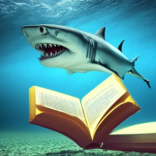 Image similar to a shark underwater reading a book realistic hdr photoshoot