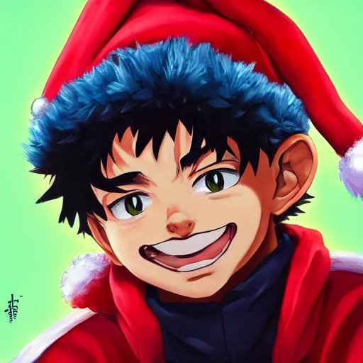 Image similar to an oil painting of a izuku midoriya wearing a hip - hop rap christmas hat, by artgerm, hd, hdr, ue 5, ue 6, unreal engine 5, realistic anime 3 d style, cinematic 4 k wallpaper, 8 k, ultra detailed, gta cover art, high resolution, artstation, award winning