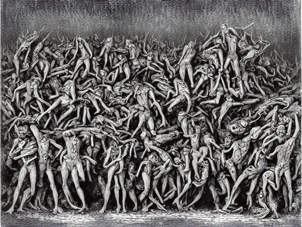 Prompt: tormented mushroom souls being taken by death. Fine art engraving by Gustave dore. 1868.