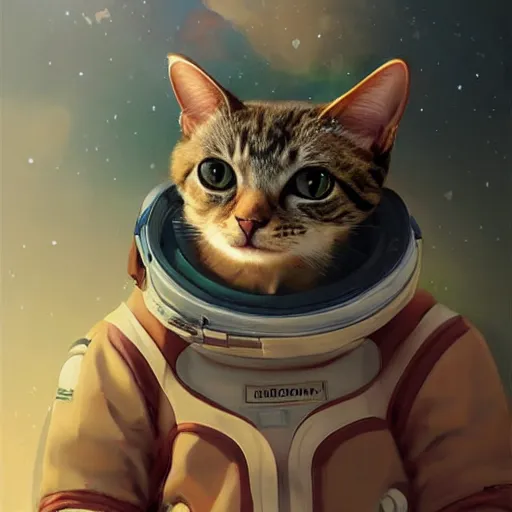 Image similar to head and shoulders masterpiece portrait of a cute adorable cat wearing a spacesuit, surreal background, digital art by krenz cushart, trending on artstation, cgsociety,