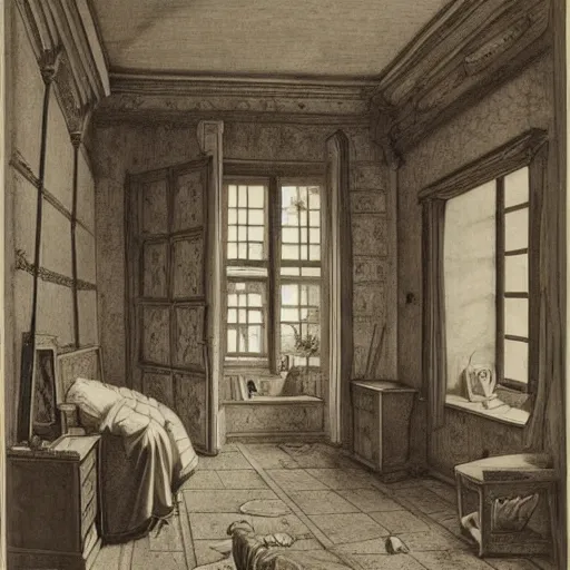 Image similar to very detailed interior of a building, bedroom of an artist in the style of Gregorius Sickinger (1558–1631), Swiss painter, draftsman and engraver