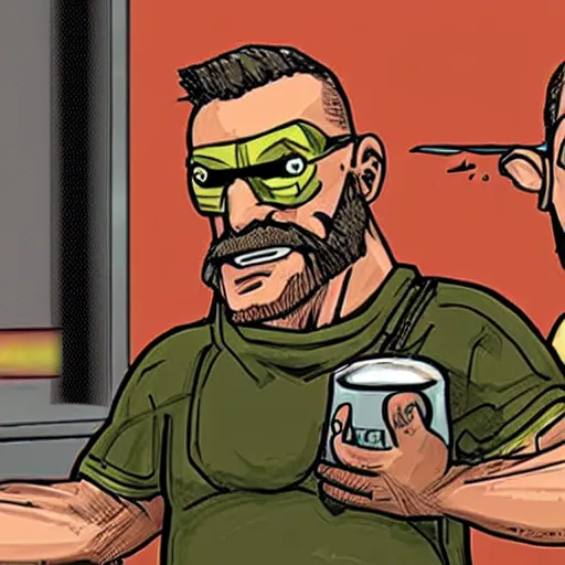 Image similar to Gordon Freeman and doomguy drink coffee