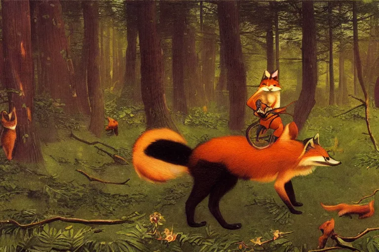 Prompt: an anthro raccoon, riding a fox through a forest, glowing with silver light, painting by jean - leon gerome, illustration by winsor mccay, color by franz marc, today's featured photograph, 1 6 k, character design, furry art, furaffinity, realistic, detailed, side view