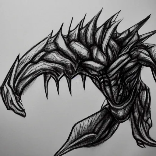 Image similar to a hand drawn pencil sketch of a monster black and white illustration