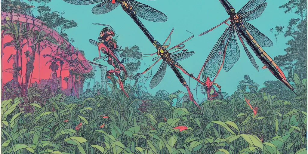 Image similar to gigantic robotic dragonflies with lasers with human faces catch tiny robots, a lot of exotic plants around, big human faces everywhere, risograph by satoshi kon and moebius, no text!, matte bright colors, surreal design, super - detailed, a lot of tiny details, fullshot