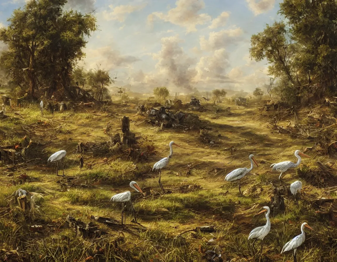 Image similar to the beautiful oil painting of the pair of storks walking by the field and looking to the destroyed weapons and war tanks, destroyed tanks and shelling on the background, trending on artstation, digital art, highly detailed, canvas oil painting