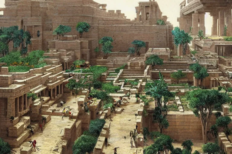 Image similar to ancient city of Babylon, hanging gardens of babylon. Robot mechas roaming the streers of ancient babylon. By morgan freeman, highly detailed