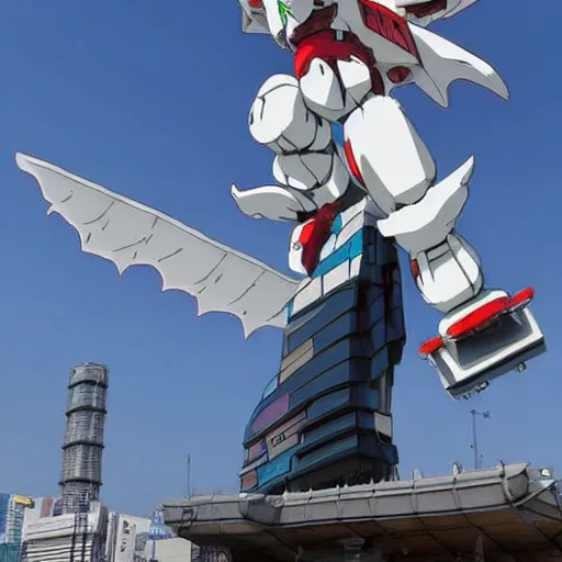 Image similar to haku dragon from spirited away with a full gundam suit flying above tokyo