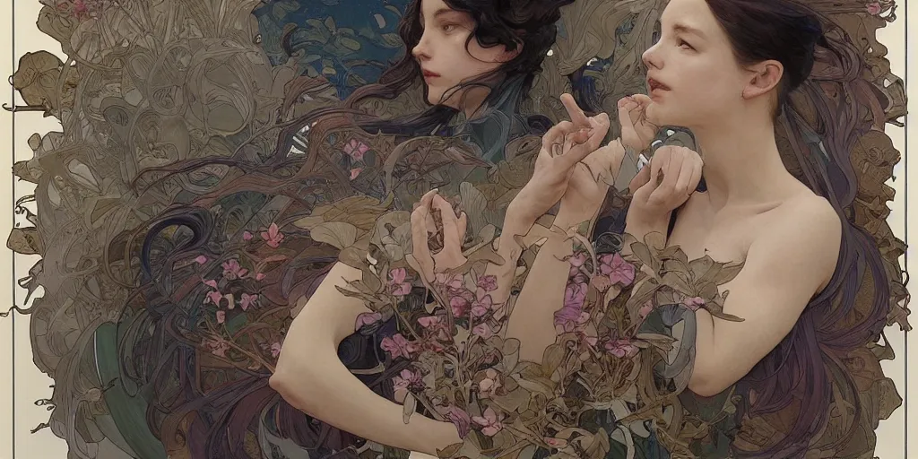 Image similar to such complicated hands, by james jean, by artgerm and greg rutkowski and alphonse mucha. uhd, amazing depth, cinematic lighting, glossy wet levitating floating fungus god with arms outstretched.