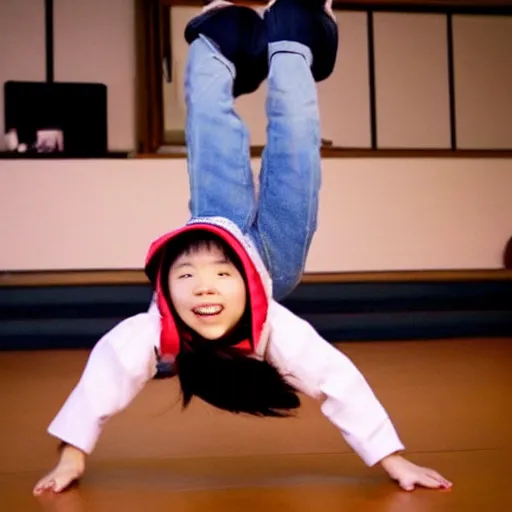 Image similar to a still photo of a young japanese girl breakdancing