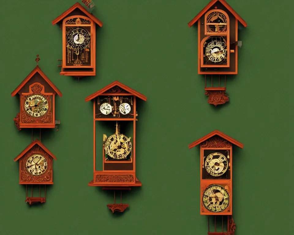 Prompt: an achingly beautiful print of dozens of ornate cuckoo clocks on a dark green wall by Raphael, Hopper, and Rene Magritte. detailed, romantic, enchanting, trending on artstation.