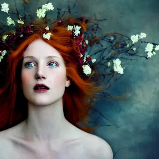 Image similar to Fine art photo of the most beautiful woman, she is redhead, she is posing while maintain a sweet eye contact to the camera, she has a crown of flowers, she has perfect white teeths, she is getting ulluminated by the rays of the sunset, the photo was taking by Annie Leibovitz, Ellie Victoria Gale, Steve McCurry, matte painting, oil painting, naturalism, 4k, 8k