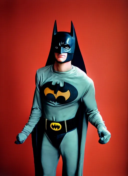 Prompt: a fashion portrait photograph by david lachapelle of a man in a batman costume, cosplay, 3 5 mm, color film camera, pentax