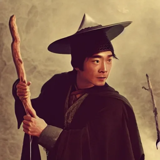 Image similar to a still from “ lord of the rings ” of a head and shoulders portrait of fei lung as a wizard with a hat and a wooden staff, photo by phil noto