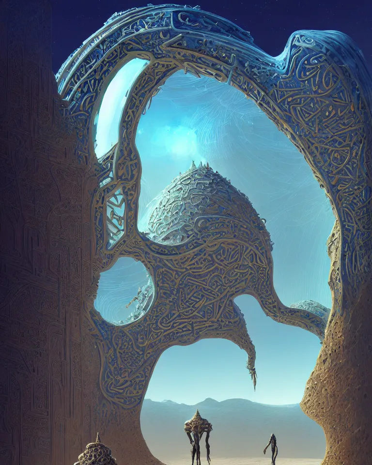 Prompt: a surreal islamic style ornamental gate in the desert opens into an other dimension with different alien landscape. by vincent di fate and james jean. ornament, intarsia, portal, doorway, dynamic lighting, ambient lighting, atmospherical, photorealistic fantasy concept art, trending on art station, stunning visuals, creative, cinematic, ultra detailed
