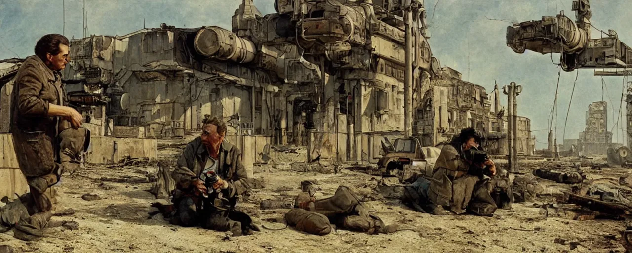 Image similar to post apocalyptic atmosphere, Soviet era science fiction, no people, set painted by norman rockwell and tom lovell and frank schoonover, cinematography by Wim Wenders, composition by Fritz Lang