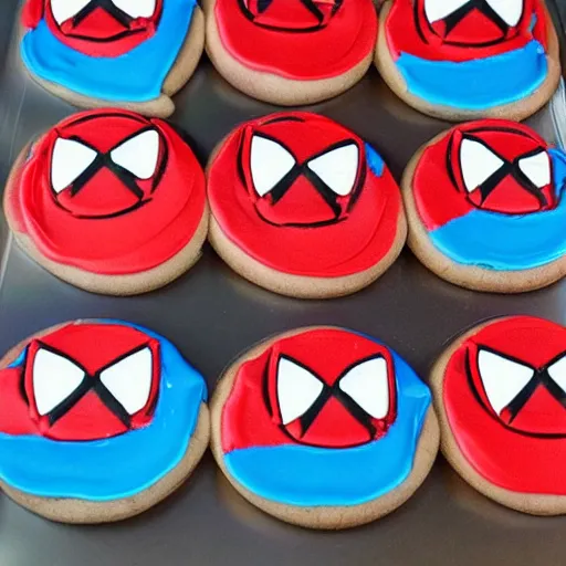 Image similar to spiderman gingerbread cookie detailed tasty frosting red white blue