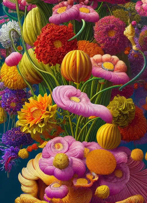 Prompt: hyper detailed illustration like a Oil painting - a vivid exotic flower bouquet, long petals, huge blossoms, by Jacek Yerka, Mariusz Lewandowski, Houdini algorithmic generative render, long brush strokes, Masterpiece, Edward Hopper and James Gilleard, Zdzislaw Beksinski, Mark Ryden, Wolfgang Lettl, hints of Yayoi Kasuma, octane render, 8k