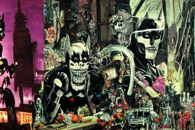 Image similar to scene from batman, day of the dead, cyber skeleton, neon painting by otto dix