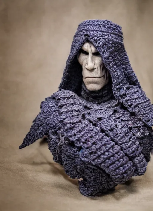 Image similar to crochet of drizzt do'urden, very detailed, complex, intricate, different colors, high quality, Sigma 50mm f/1.4