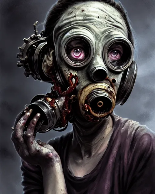 Image similar to a female zombie with gasmask old woman | | elderly - face, wrinkled face, realistic shaded perfect face, fine details. anime. tentacles, eldritch abomination, dunwitch horror, realistic shaded lighting poster by greg rutkowski, magali villeneuve, artgerm, jeremy lipkin and michael garmash and rob rey