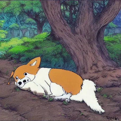 Prompt: corgi sleeping in a forest, anime by hayao miyazaki, detailed, beautiful, peaceful