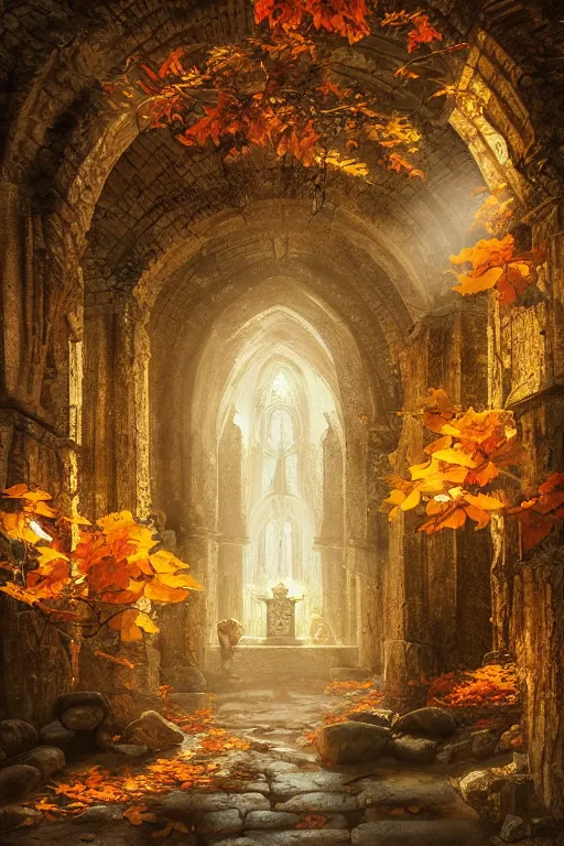 Prompt: Detailed Interior of Monastery Ruins, Autumn Fallen Oak Leaves, light of god, light shafts, candles, stunning atmosphere, in Style of Peter Mohrbacher, cinematic lighting