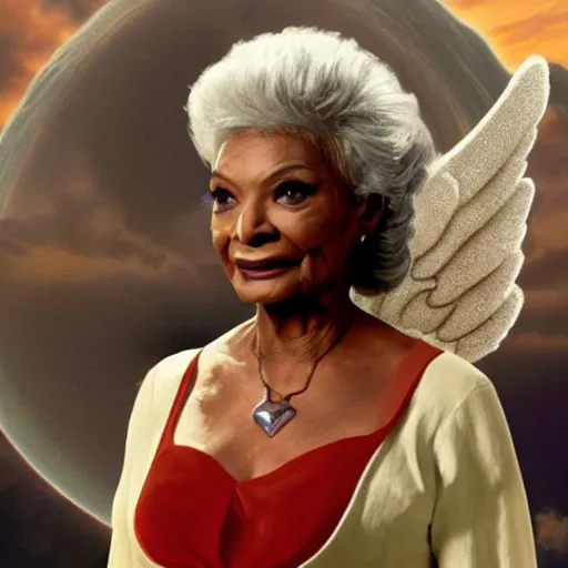 Image similar to nichelle nichols as a heavenly angel in cloud heaven photorealistic fantasy epic